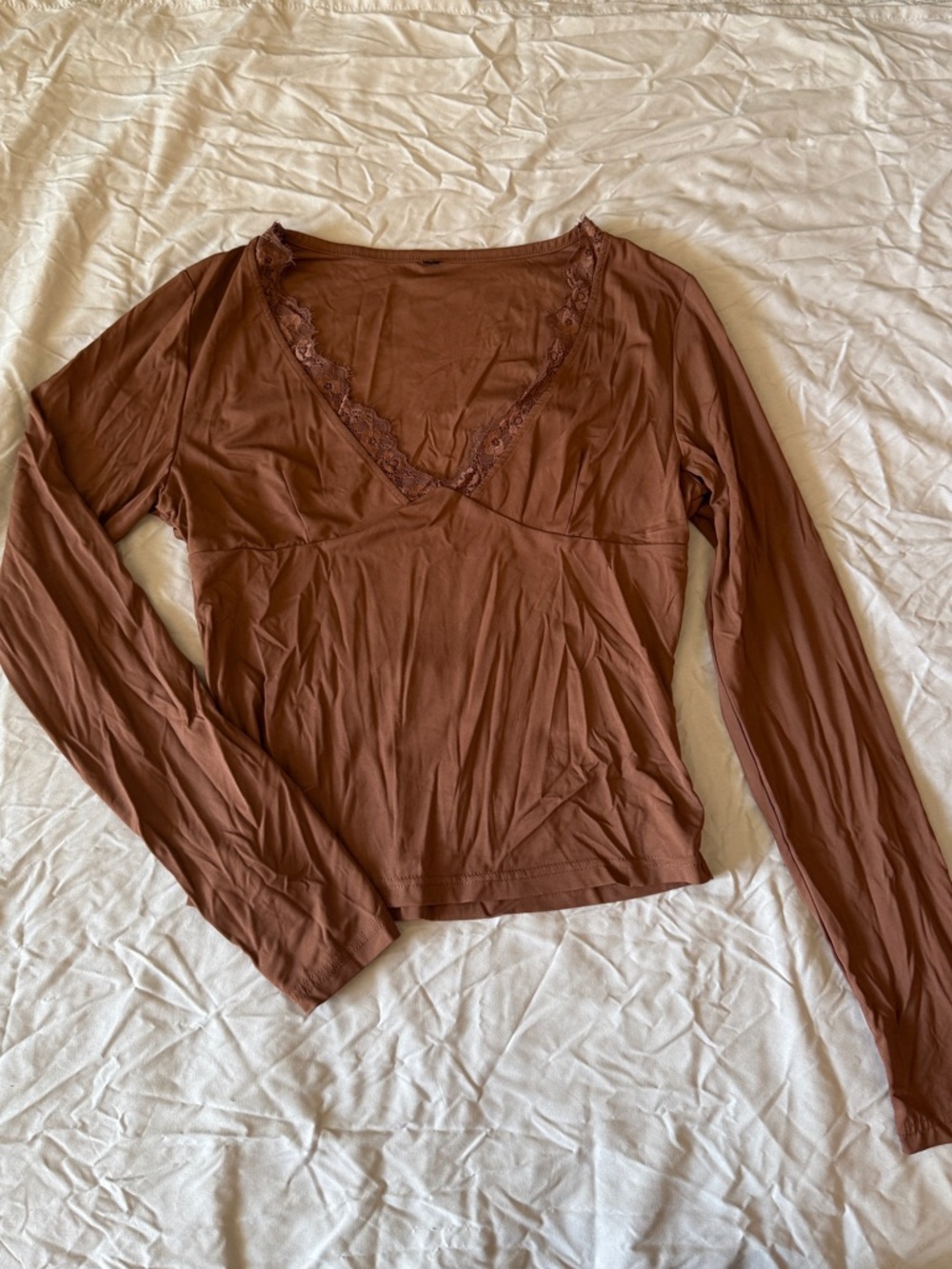 Long-Sleeve V-Neck Lace Trim Top in Rust